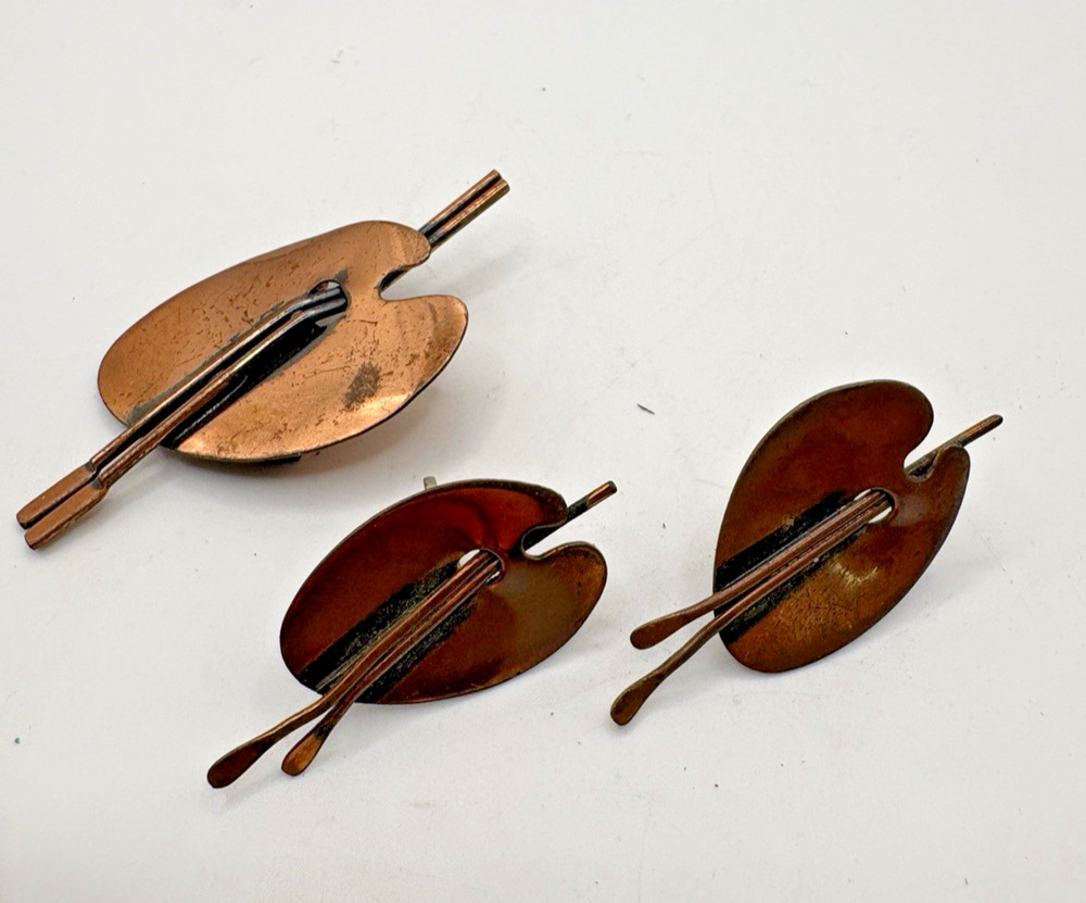 Set 1950’s Renoir Copper Palette Brooch Pin Clip-on Earrings Vintage MCM Signed